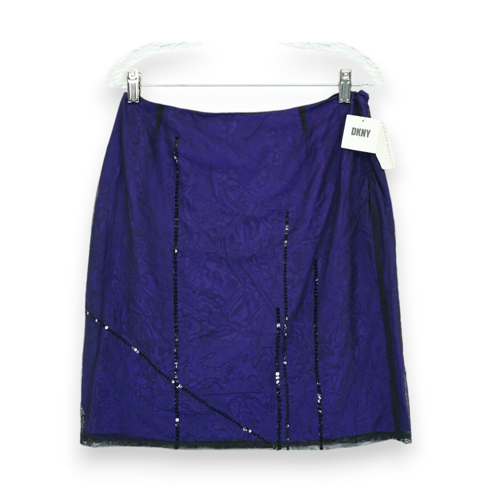 NWT Vintage Y2K DKNY Mini Skirt Purple Silk Mesh Overlay Size 10 MSRP $175